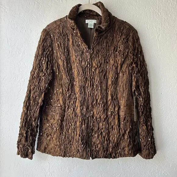 Bronze Textured Crinkle Jacket Petite Large Fall Chic Metallic Sequin Statement - Picture 1 of 13